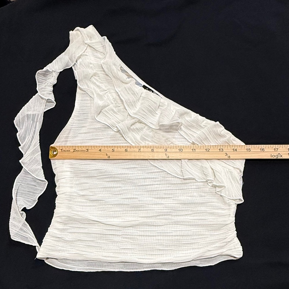 Crystal Sky Women's One Shoulder Ruffle Ruched‎ Mesh Top Cream Size L - Picture 6 of 9